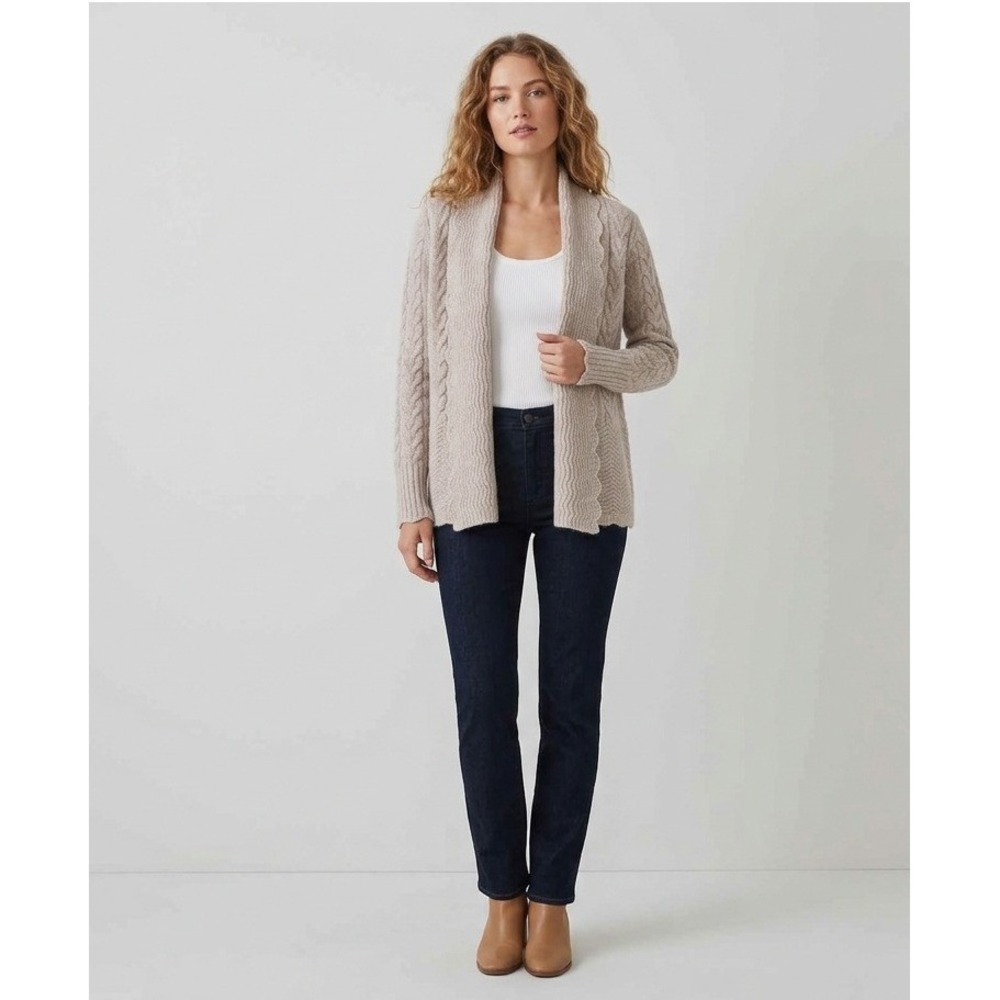 J.McLaughlin Cardigan Women XS Beige Italian Merino Wool Cable Knit Scalloped